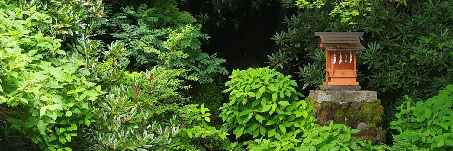 Un pequeño santuario de madera entre árboles, en Japón